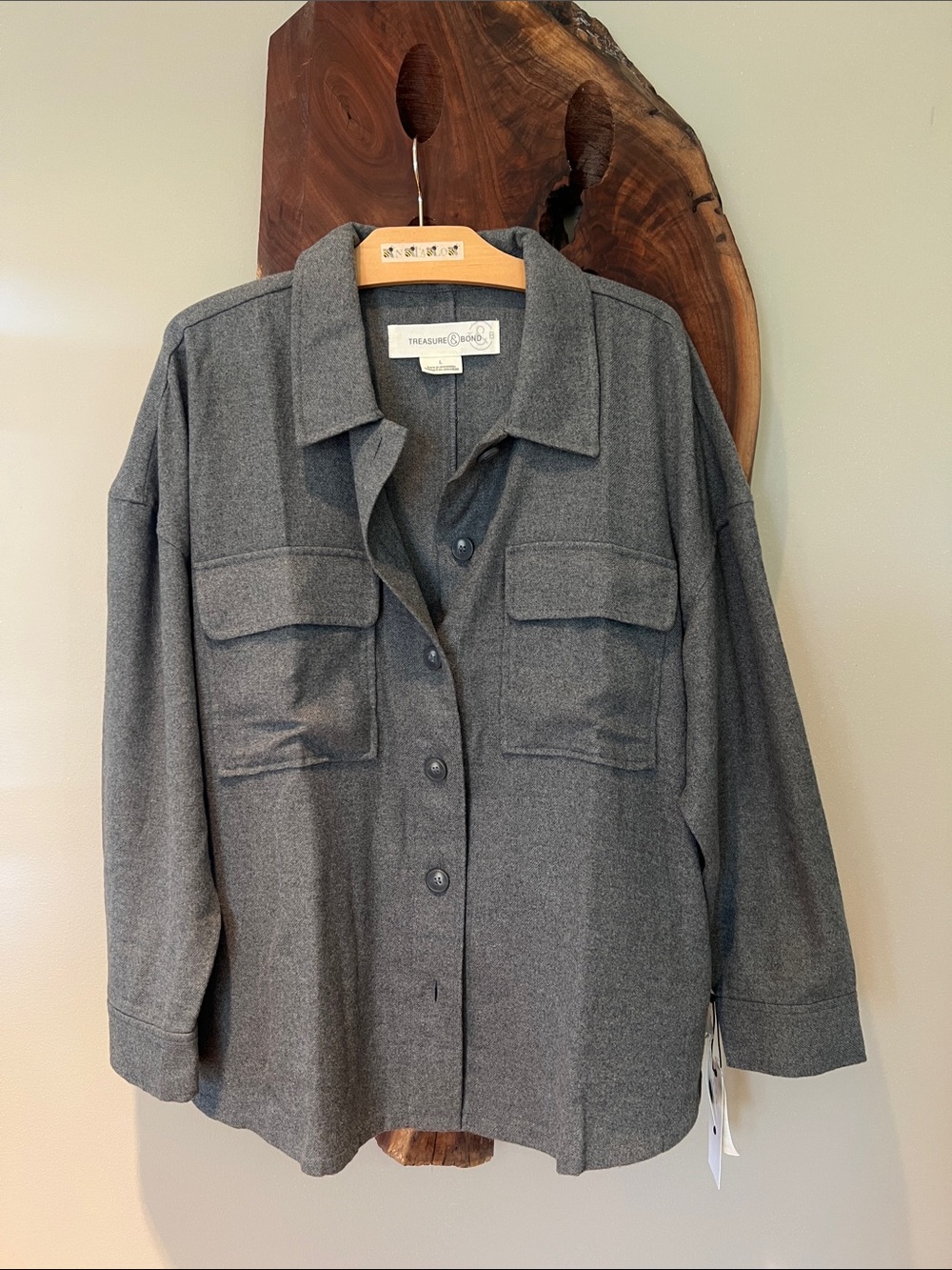 Treasure & Bond Women’s Gray Button-Front Shirt Jacket Sz L Layer Utility Fall